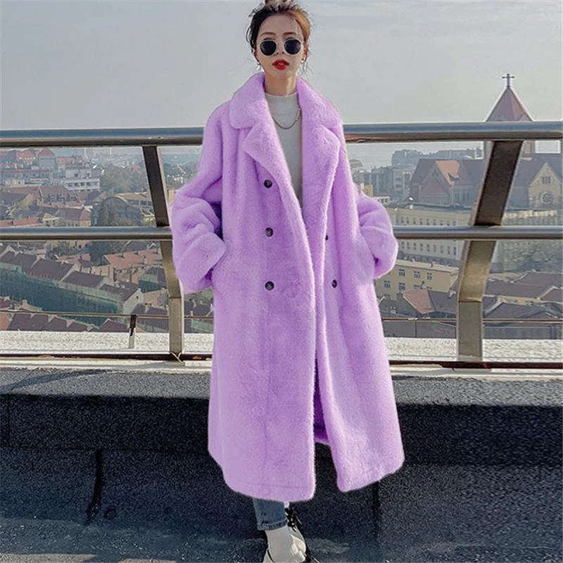 

Winter Fashion New Mid Length Suit Collar Long Sleeve Loose Thickened Warm Imitation Rex Rabbit Fur Grass Coat Women's Trend