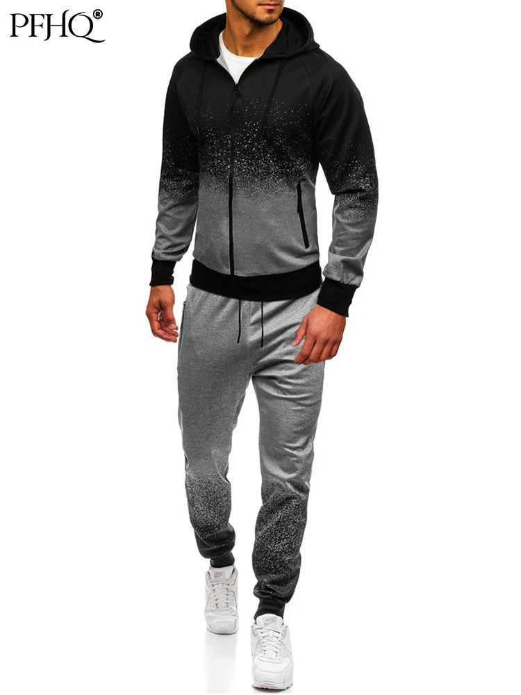 

PFHQ Men's Casual Sports Suit Gradient Striped Tops And Pants Autumn New Fashion Tide Chic Youth Male Running Set 21B4213