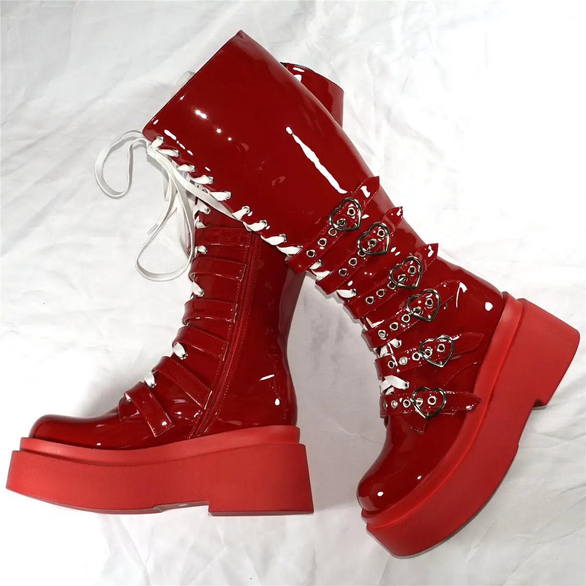 Fashion Sneakers Women Lace Up Patent Leather Super High Heels Thigh High Boots Female Round Toe Platform Pumps Casual Shoes