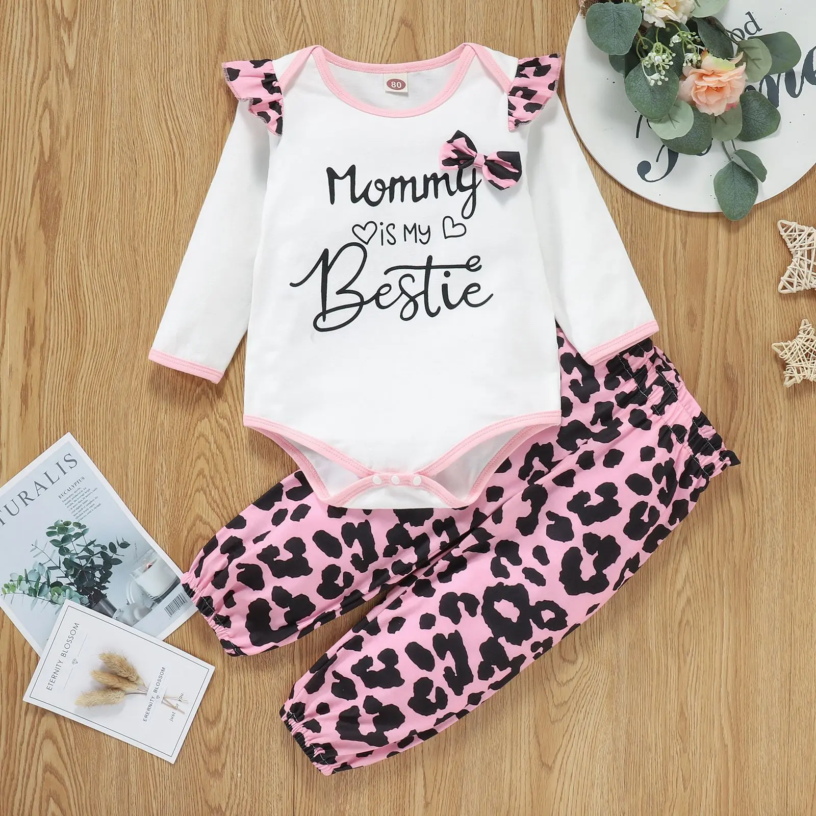 

Newborn Fashion Baby Girl Clothes Set Fall Alphabet Print Bow Tops Bodysuit Leopard Print Pants Infant Girl Outfit Suit