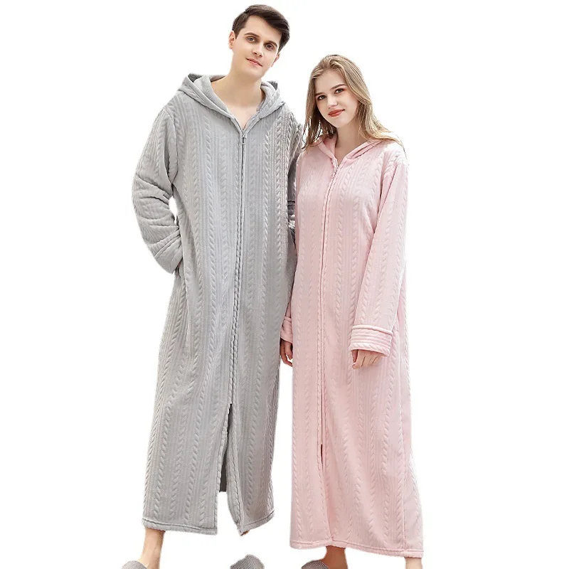 Autumn Winter Zipper Bathrobe Hooded Robe Couple Thickened Pajamas Facecloth Women Men Long Comfortable Nightgown Homewear
