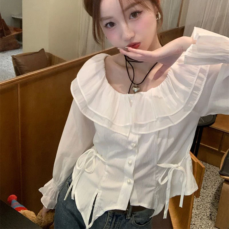 Рубашки и блузки на шнуровке Корейская Осенняя модная женская блузка Топ с