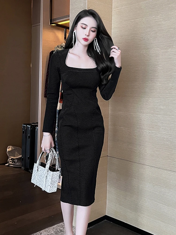 

Женское Сетчатое платье средней длины, элегантное облегающее клетчатое платье в стиле ретро с квадратным вырезом, Клубное платье с бриллиа...