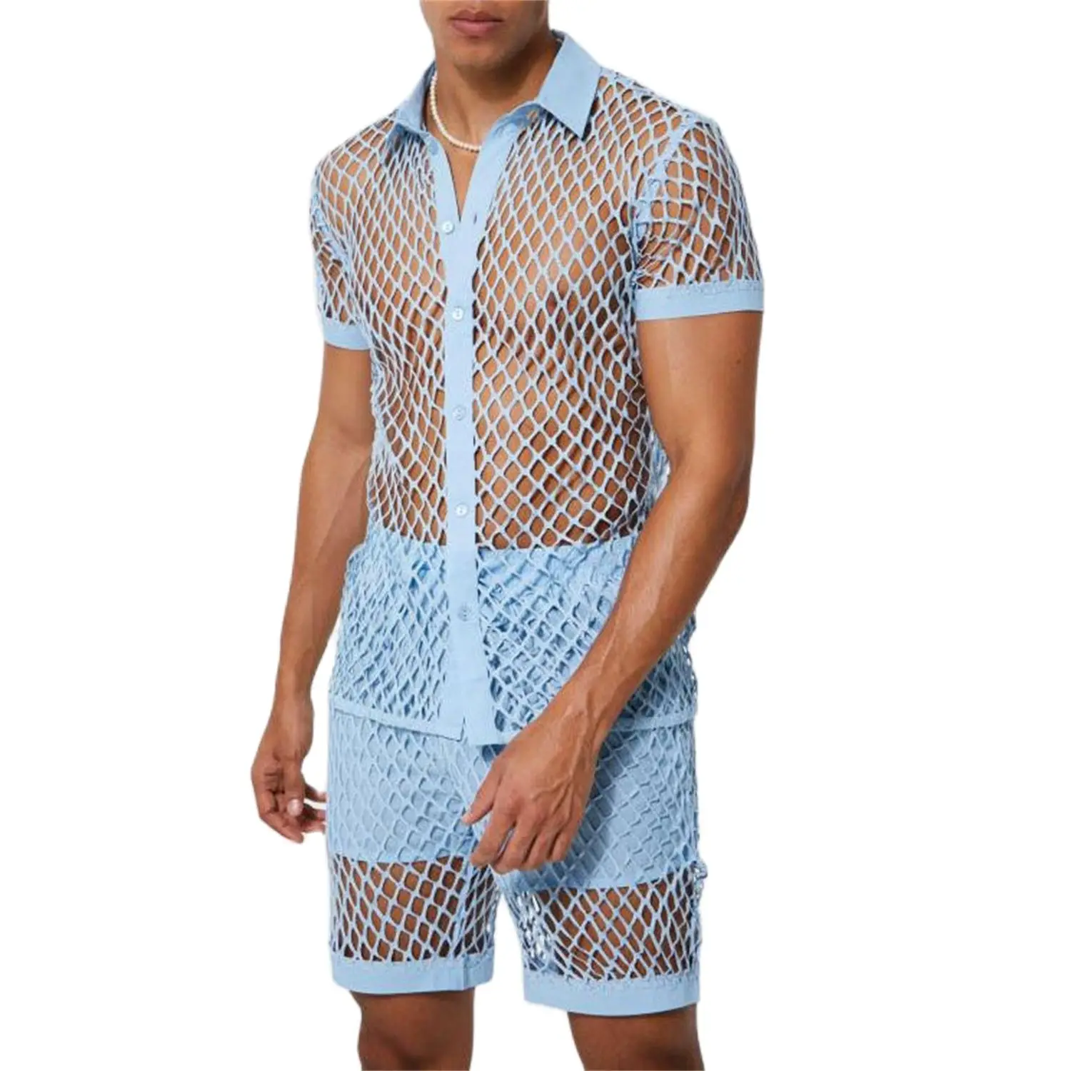 

Men's Mesh See through Fishnet T Shirt Set 2023 Sexy Short Sleeve Transparent Shorts Homme Hip Hop Streetwear XXXL