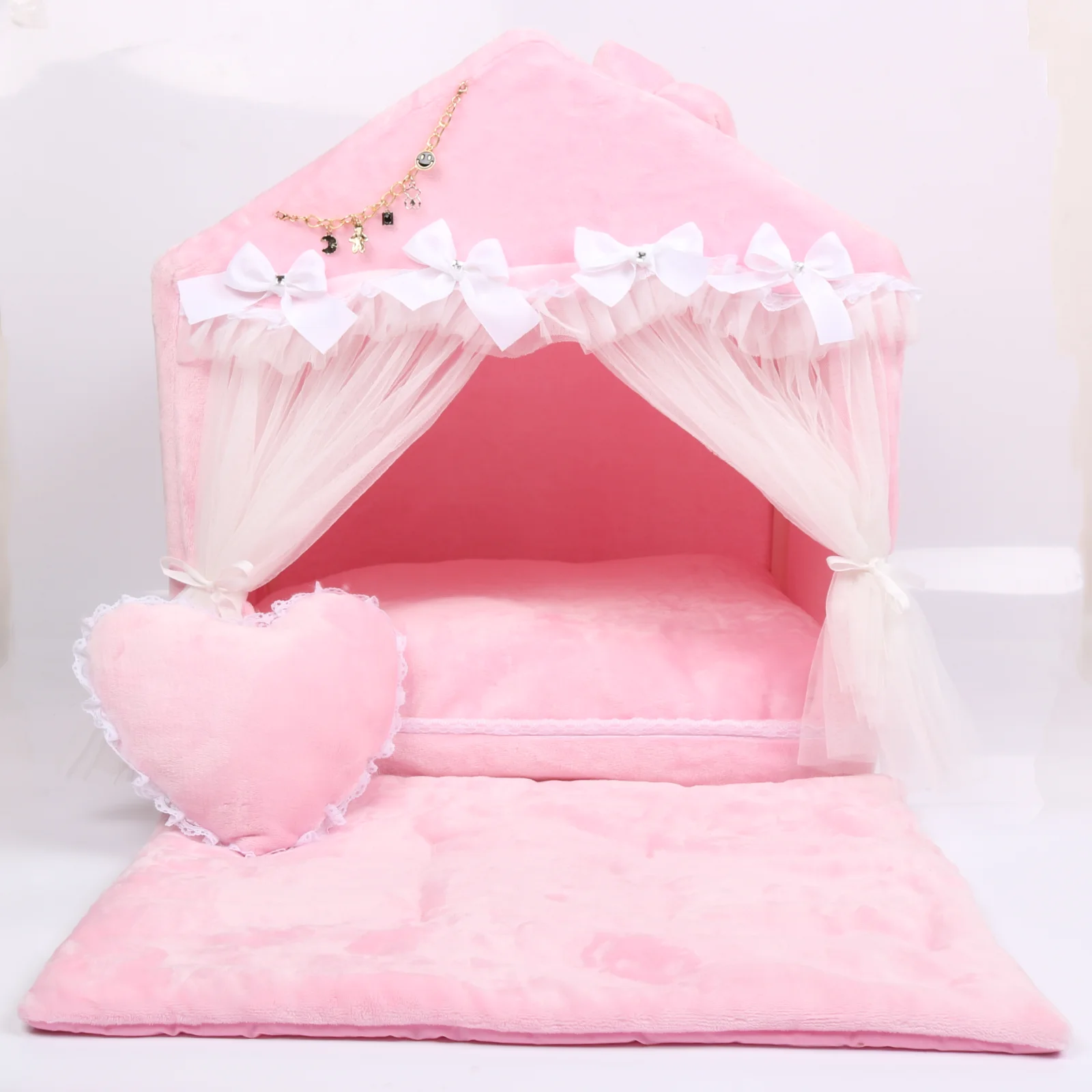 

Pet Luxury Princess House Fluffy Winter Warm Dog Cat Puppy Kitten Items Bed Sofa Kennel Nest Removable Pink