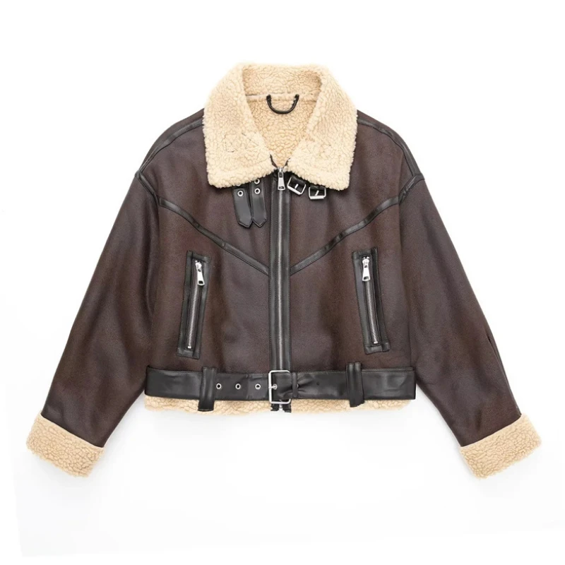 WeiYao 2023 Spring Winter Women Fur Loose Belt Warm Jacket Lamb Wool Thickened Locomotive Lapel Female Coat Brown Chic Outwear