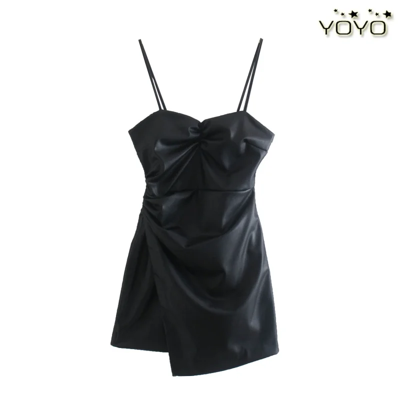 

YOYO European and American Style Foreign Trade Women's Clothing New2021Design Sense Tube Top Black DressPUFaux Leather Slip Dres