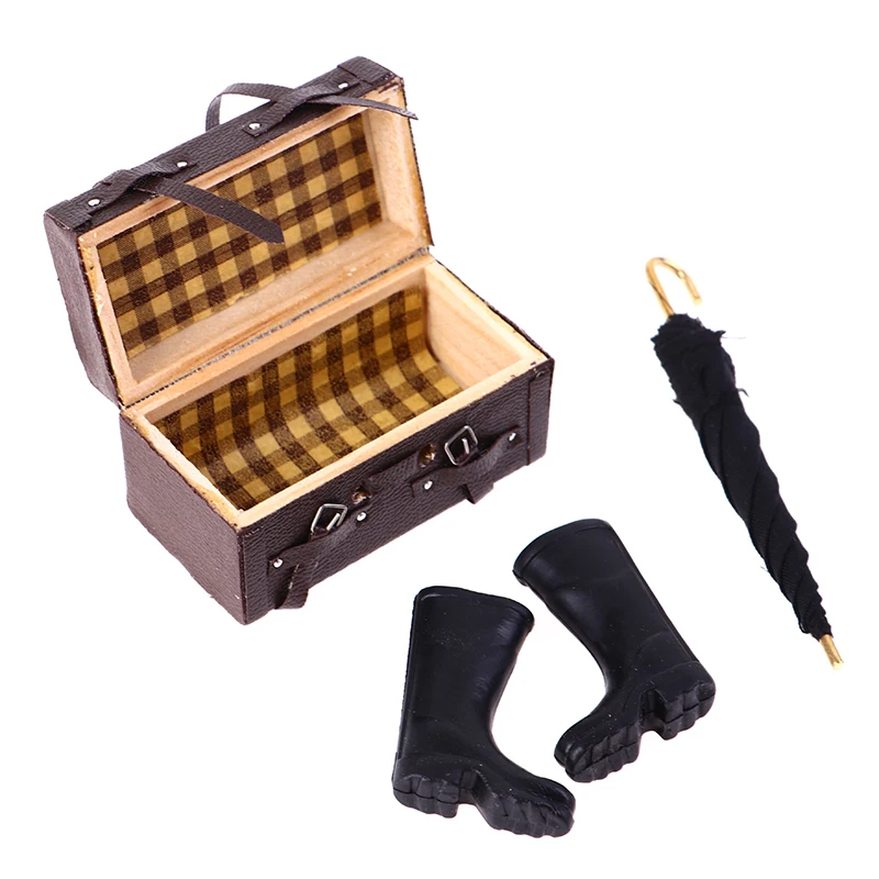 

4Pcs/Set 1:12 Dollhouse Miniature Travel Kit Rain Boots Umbrella Leather Suitcase Luggage Vintage Pretend Play Furniture Toys
