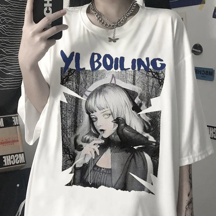 

Women's T Shirt Retro Harajuku Dark Girl Summer Cartoon Printed T-Shirt Fashion High Street Tops Black Clothes Oversized T Shirt