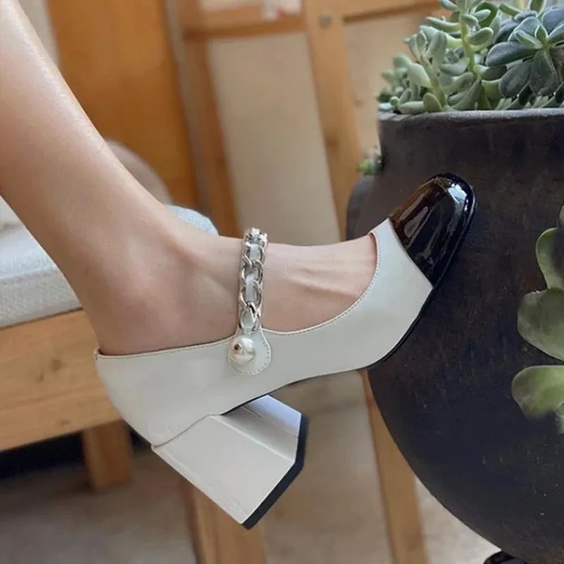 

Comem Summer Shoe Woman 2023 High Heels Luxury Shoes Women Mary Janes Pumps Square Toe Leather Sandals Black White Patchwork 39