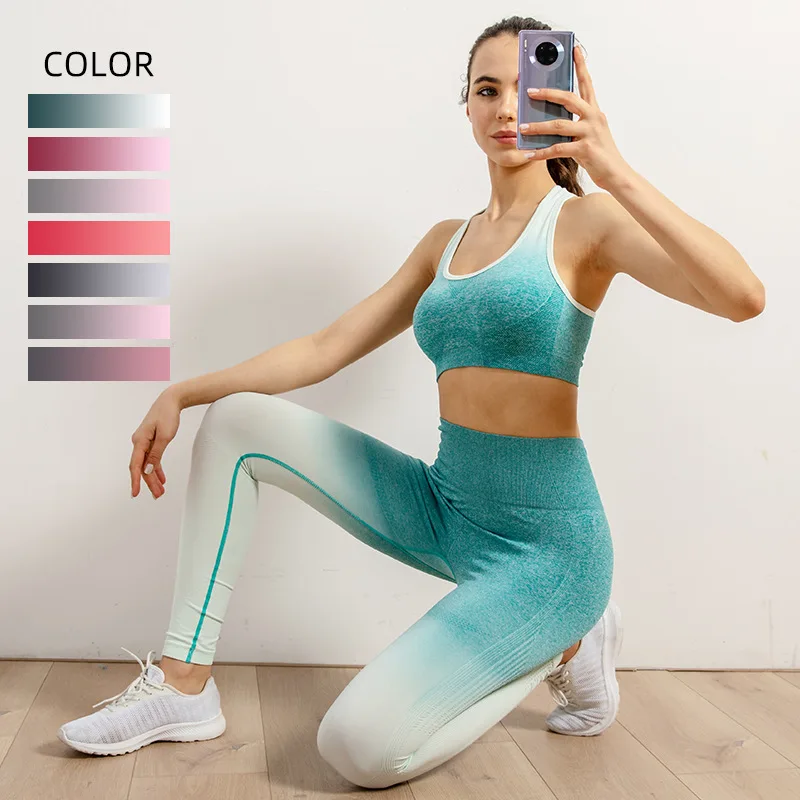 

Бесшовная спортивная одежда, комплекты для тренажерного зала, женская одежда для тренировок, костюм для йоги, женский спортивный костюм с градиентом, штаны для йоги, спортивный бюстгальтер для фитнеса