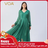 voa elegant irregular hem solid silk woman dress autumn green georgette shirt long sleeves office ladies a line dresses ae1079