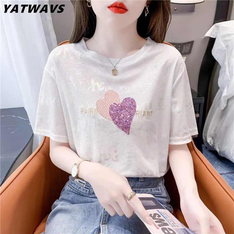 

New Chic Love Heart Sequined Embroidered Tshirt Women Short Sleeve Summer O-neck Harajuku Tops Fashion Korean Girl Loose Tees