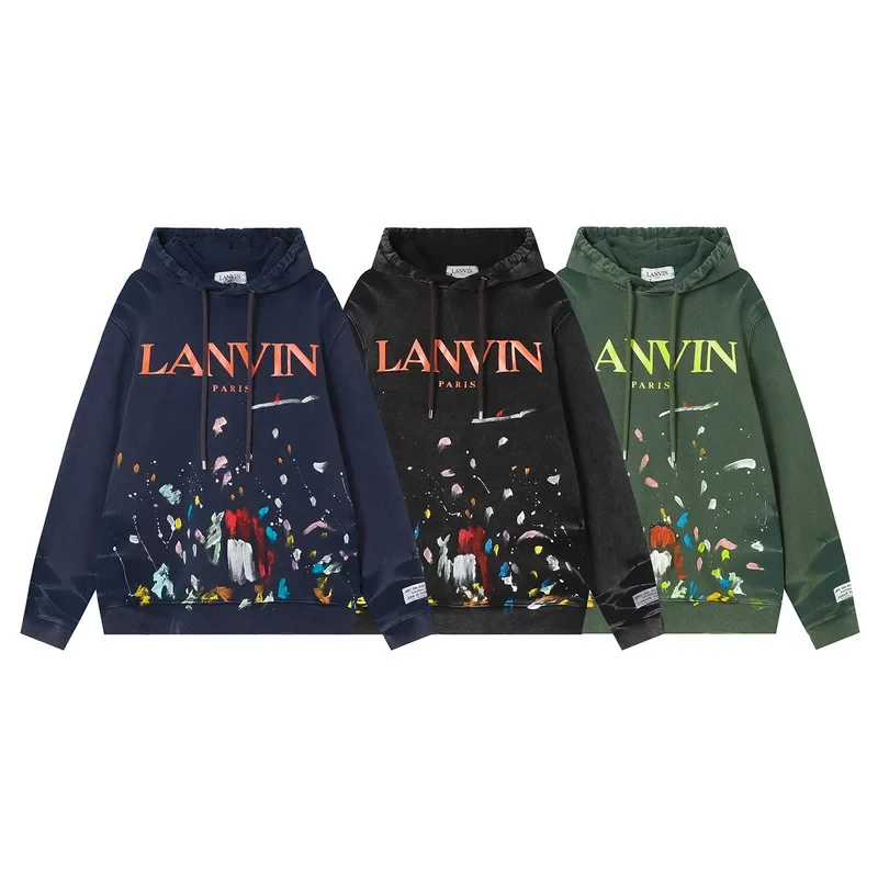 

Новинка 2024, высококачественные потертые толстовки Lanvin с капюшоном для мужчин и женщин, с чернильными буквами и логотипом в стиле граффити на осень и зиму