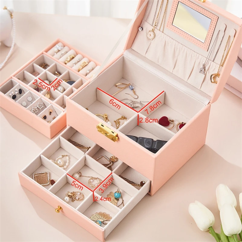 Ailodo PU Leather Jewelry Organizer With Mirror Multilayer Necklaces Earrings Rings Bracelets Jewelry Box For Women Girls Gift