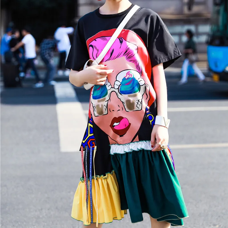 

Summer New Short Sleeved Print Ruffles Character T-Shirt Dress Loose Casual Tassel Patchwork Color Women's Clothing