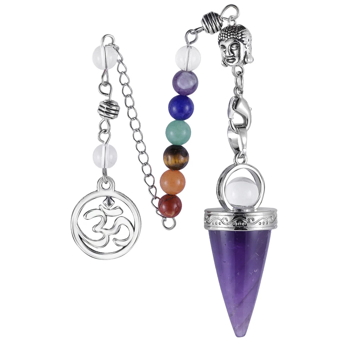 Natural Stone Cone Pendulums Reiki Crystal 7 Chakras Chain 3D Buddha Pendulum for Dowsing Pendule Radiestesia Pendulo