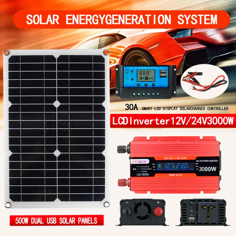

Система солнечных панелей 12 В до 110 В/220 В, контроллер заряда солнечных панелей 12 В, комплект солнечных инверторов 4000 Вт, полное производство электроэнергии