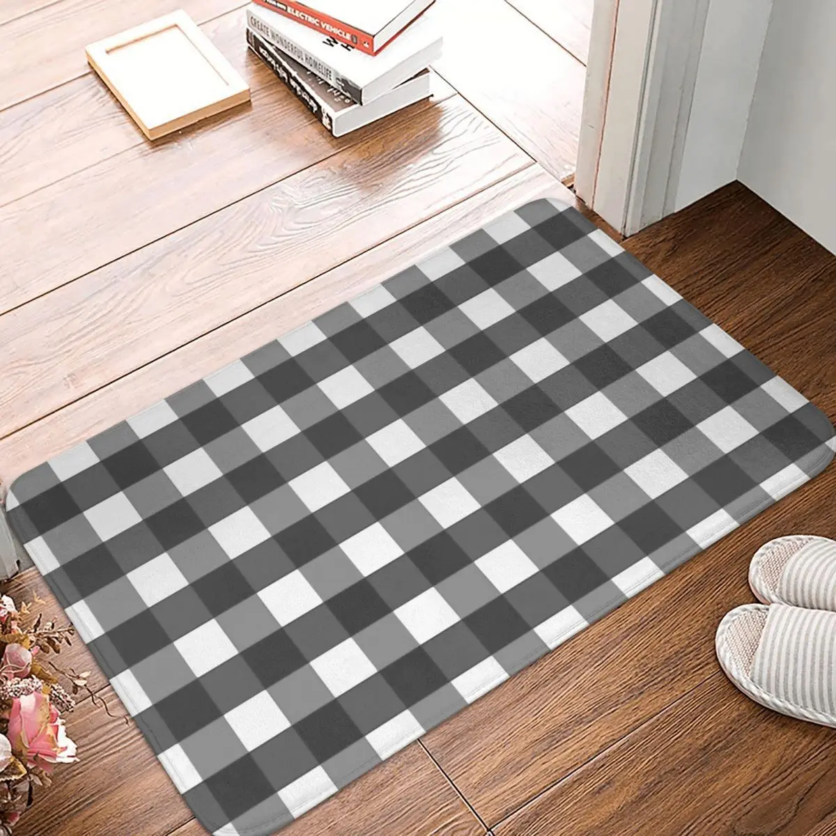

Cottagecore Rural Aesthetic Bath Non-Slip Carpet Black Gingham Pattern Bedroom Mat Welcome Doormat Floor Decoration Rug