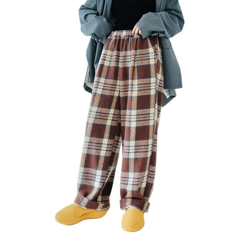 

original design elastic waist plaid trousers plush loose retro all-match wide-leg pants straight-leg pants women's