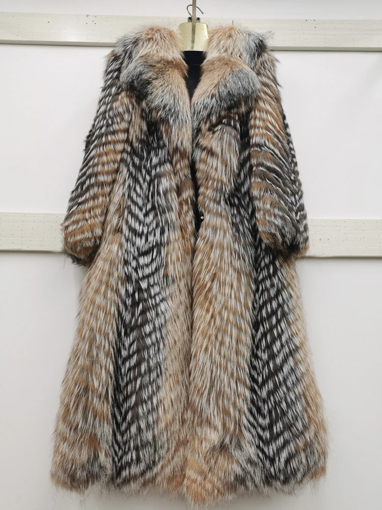 Winter new ladies 100% fox fur coat with colorful stripes long cardigan luxury elegant plus size clothes coat can be customized enlarge