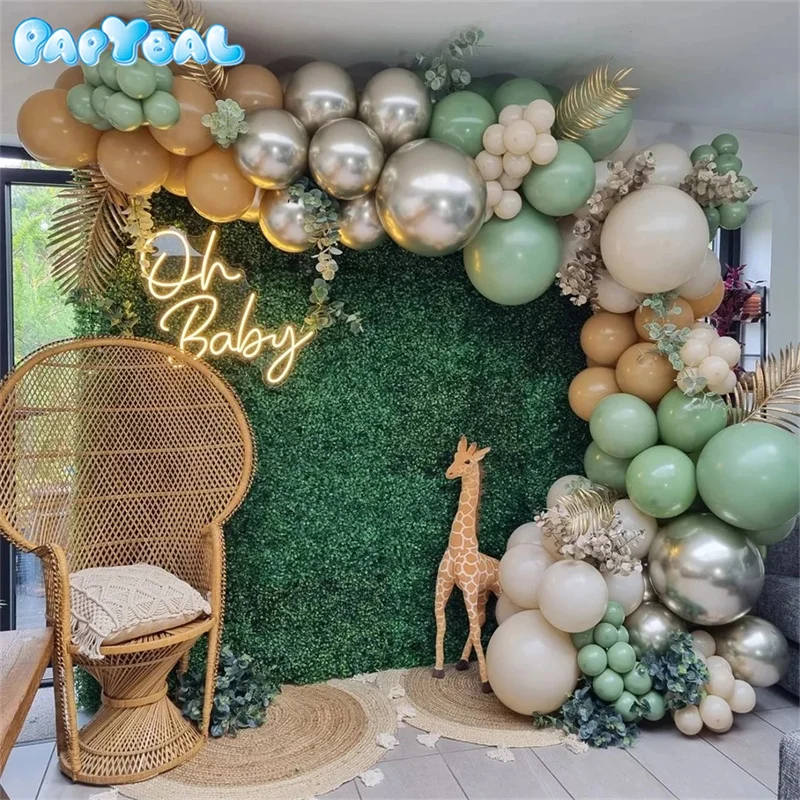 

102pcs Retro Bean Green Avocado Latex Balloons Garland Metallic Silver Globos Jungle Theme Baby Shower Kids Birthday Party Decor