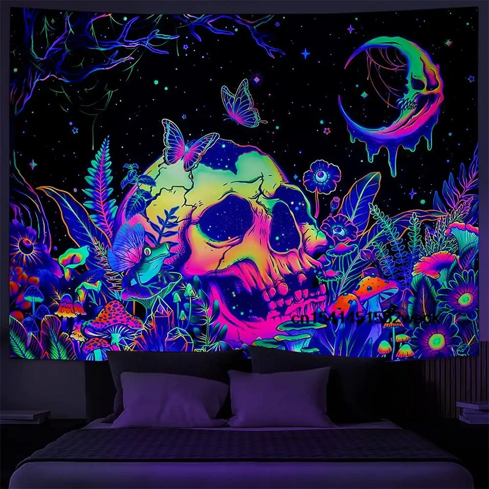 

Гобелен с черепом Blacklight, настенный Декор для дома, УФ-реактивная галактика, Космический декор, неоновые грибы, цветочные гобелены