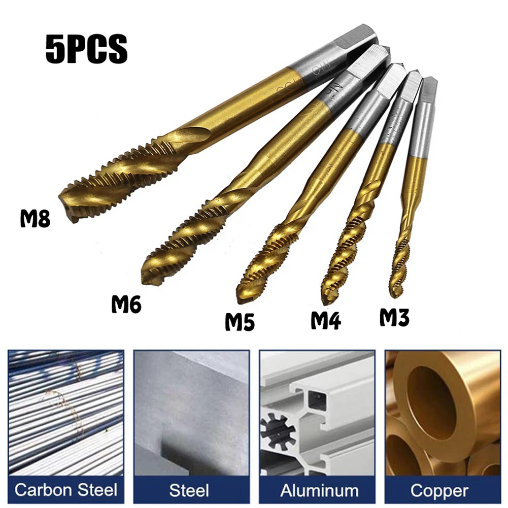 

5Pcs Metric HSS Spiral Flute Screw Threading Taps Drill Set Tools For Machine Metals M3-M8 Spiral Hand Tap Hand Tools