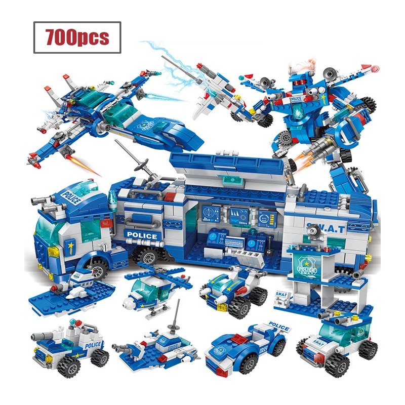 

City Police Command Trucks Building Blocks Policeman Robot Car Helicopter Model Bricks Toys for Children Gifts
