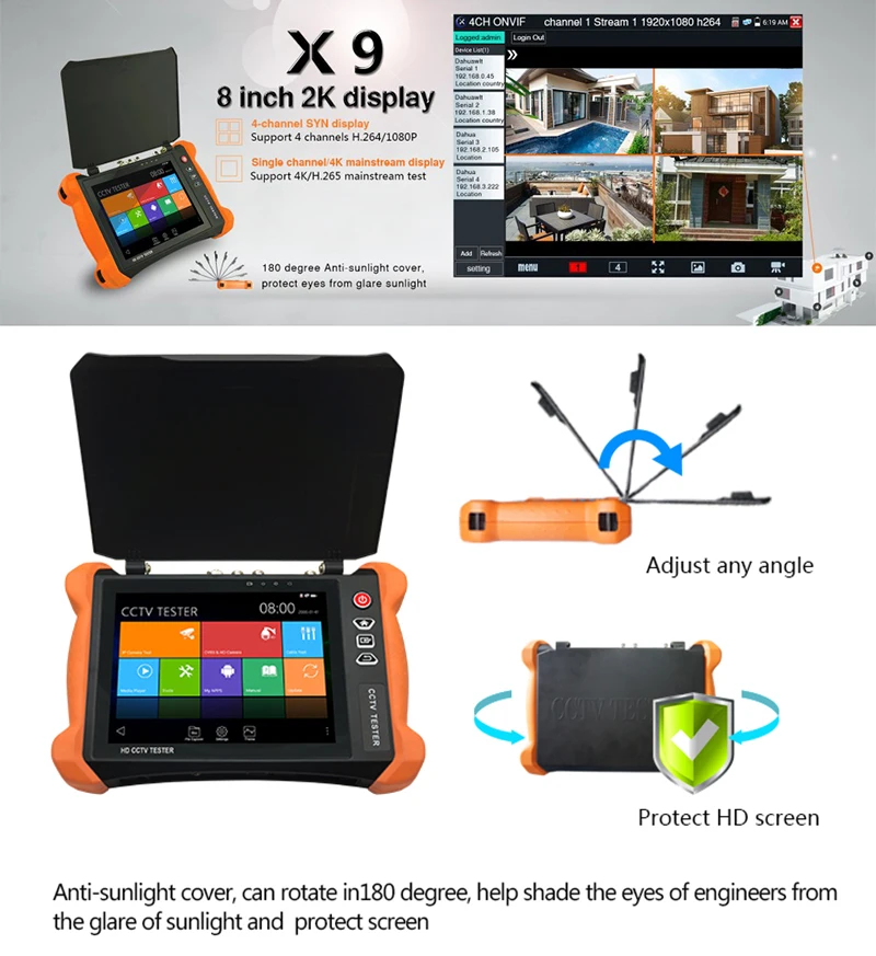 X9MOVTADHS Полноразмерный 8-дюймовый HD CCTV тестер с дисплеем Retina 2K и поддержкой камер CVI TVI AHD EX-SDI HD-SDI 3G-SDI IP.