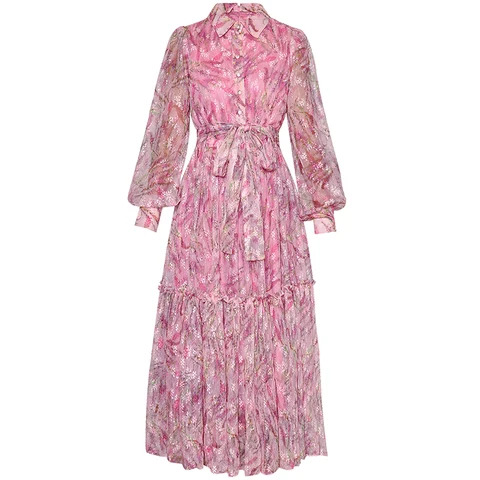 MoaaYina, летнее модное подиумное элегантное платье с цветочным принтом, женское платье с отворотом и пуговицами, Сетчатое длинное платье с оборками и высокой талией