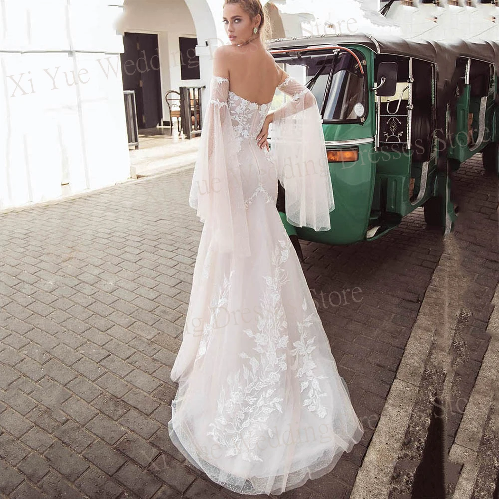 Элегантные свадебные платья русалки 2025 года кружевные аппликации без бретелек