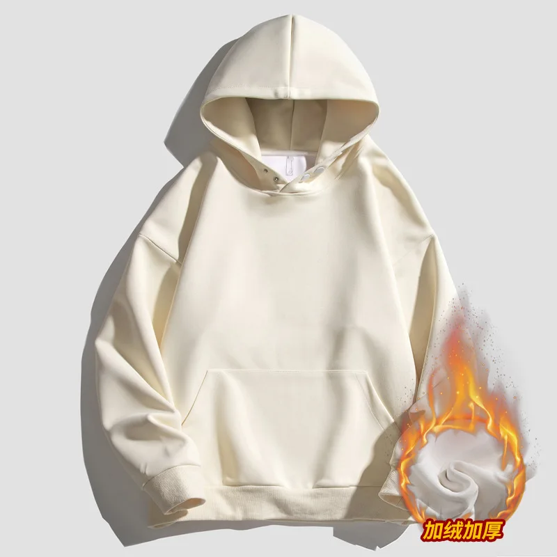 Spring and autumn men's sweater with shoulder down single breasted baby velvet 500g heavy weight plush hooded sweater for