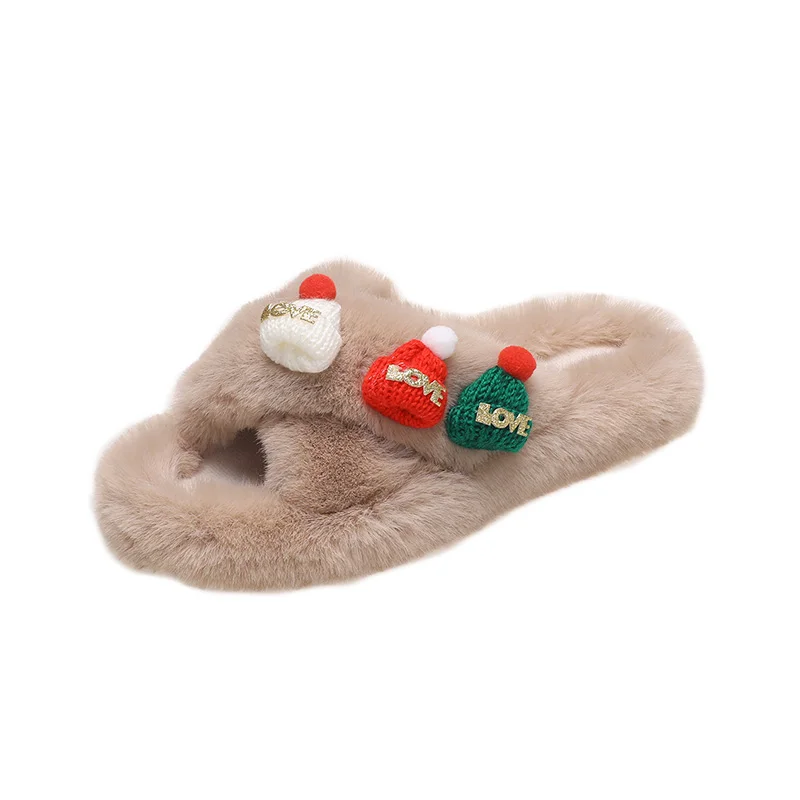 

Женские тапочки с открытым круглым носком, маленькие шапки, Декоративные Плюшевые новые модные популярные повседневные удобные нескользящ...