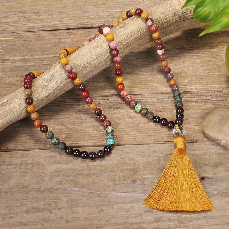 

NS0256 108 Mala Beads Necklace Natural Egg Yellowstone African Turquoises Garnet Meditation Necklace Clothes Decoration