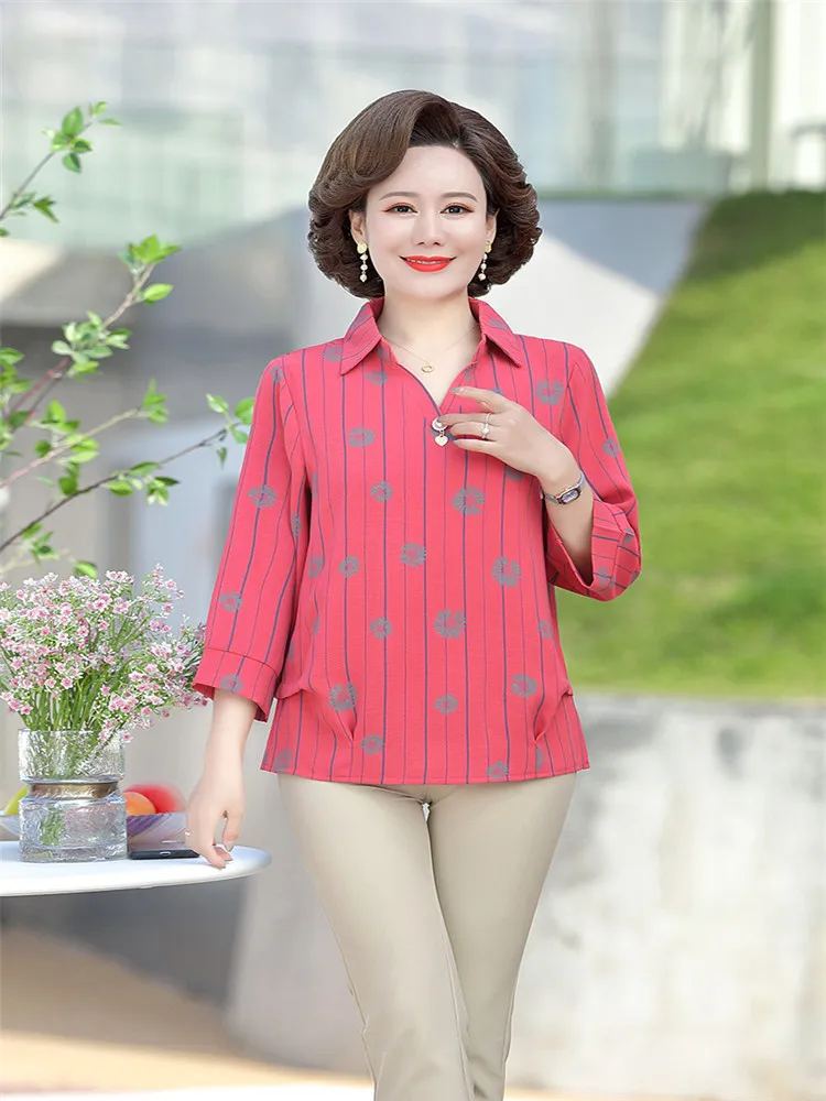 

Women Blouses 2022 Fashion autumn V neck long Sleeve striped print Shirt Female Casual tops blusas femininas elegante