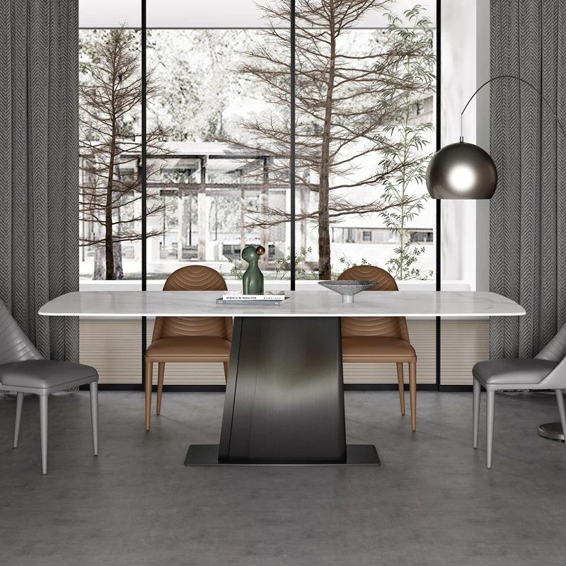 

Italian light luxury Pandora bright faced rock table modern simple small family rectangular stainless steel household table