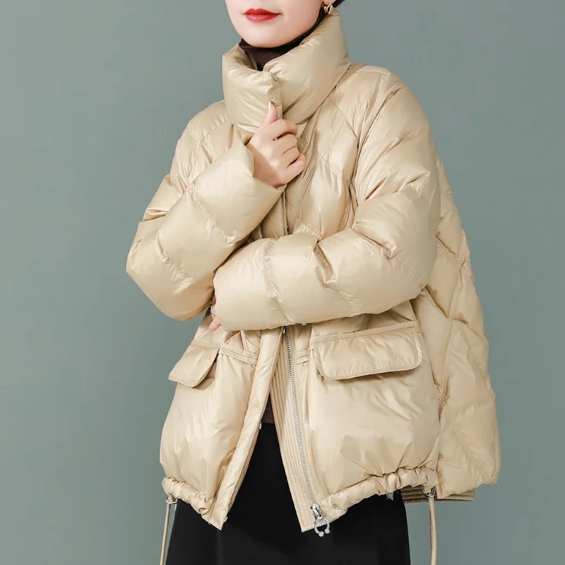 Casual Female Stand Collar 90% White Duck Down Short Parkas Winter Women Warm Loose Zipper Down Jacket Snow Outwear