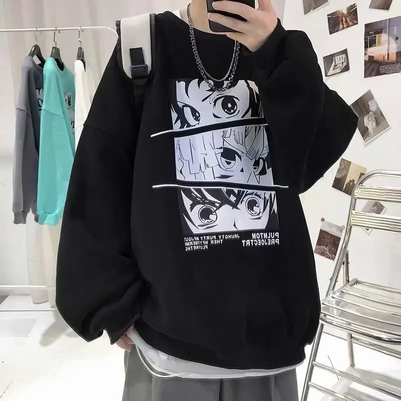 

Round Neck Plush Sweater for Men In Autumn and Winter Korean Fashion Ins Cartoon Print Jacket 2022 Fashion New Black Hoodies