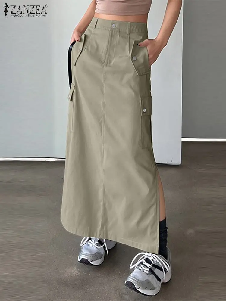 Модная женская Однотонная юбка-карго ZANZEA 2024 Повседневная Свободная длинная юбка