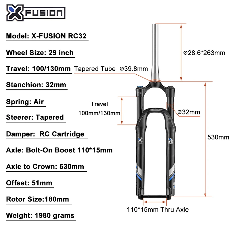 Велосипедная воздушная вилка заднего амортизатора 29ER X-FUSION RC32 130 мм / 100 мм ход MTB горный велосипед передний ручной замок 32 мм BOOST 110x15 мм включен.