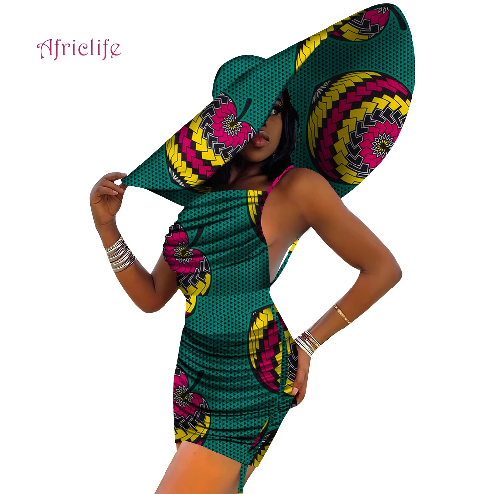 

African Dress with Sun Hat Summer Beach Clothing Sexy Lady Traveling Two Piece Set Clothes and Foldable Huge Wide Hat WY9531