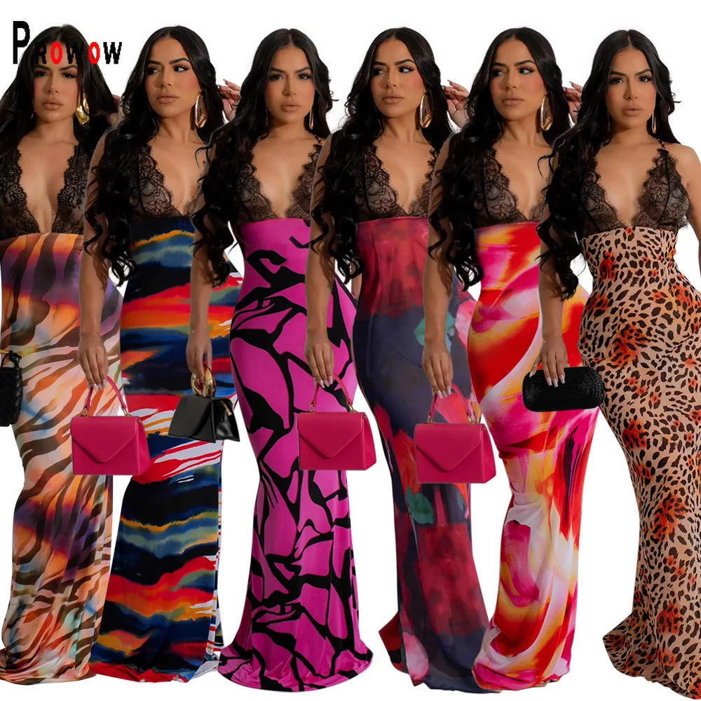 Платье женское длинное кружевное с открытой спиной и V-образным вырезом