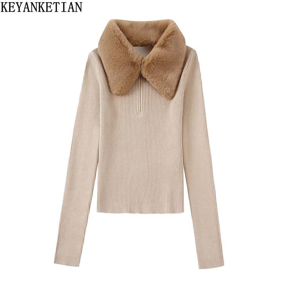

KEYANKETIAN Women's Faux fur Effect lapel knit Fall/winter new retro style thread tight jumper high stretch short sweater