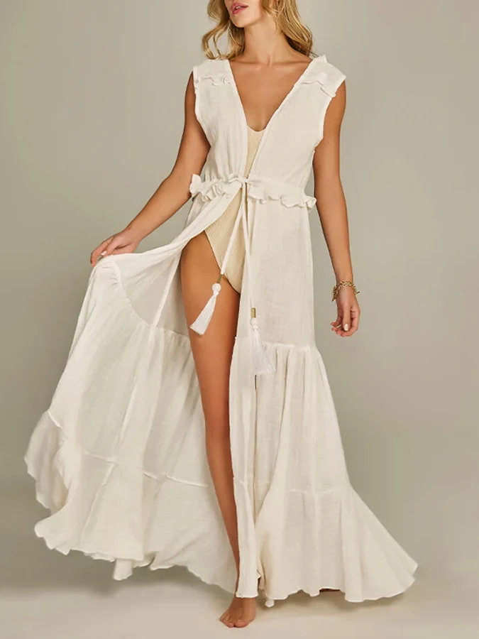 

Casual Plain Swimsuit Beach Cover Up Women 2023 Solid Color Sleeveless Pleat Dress White Elegant Swimwear Bathing Suit Beachwear