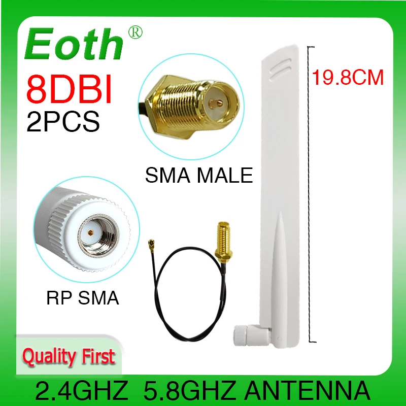 2pcs 2.4GHz 5GHz 5.8Ghz Antenna real 8dBi RP-SMA Dual Band 2.4G 5G 5.8G wifi Antena aerial SMA female +21cm RP-SMA Pigtail Cable