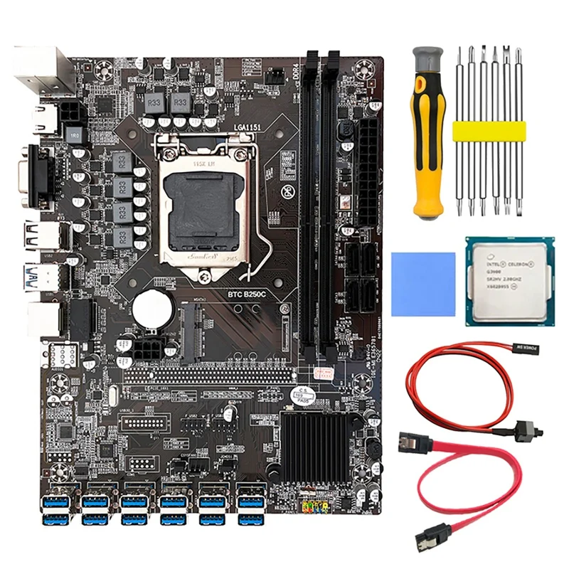 B250C BTC Mining Motherboard With G3900 CPU+Thermal Pad+Switch Cable+Screwdriver 12 USB3.0 Slots LGA1151 DDR4 RAM MSATA