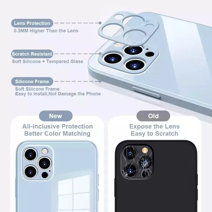 1DS Tempered Glass Anti-knock Baby Skin Fram Phone Case For iPhone 11 12 13 Pro Max MINI X XS Max XR 7 8 Plus SE2 Square Cover