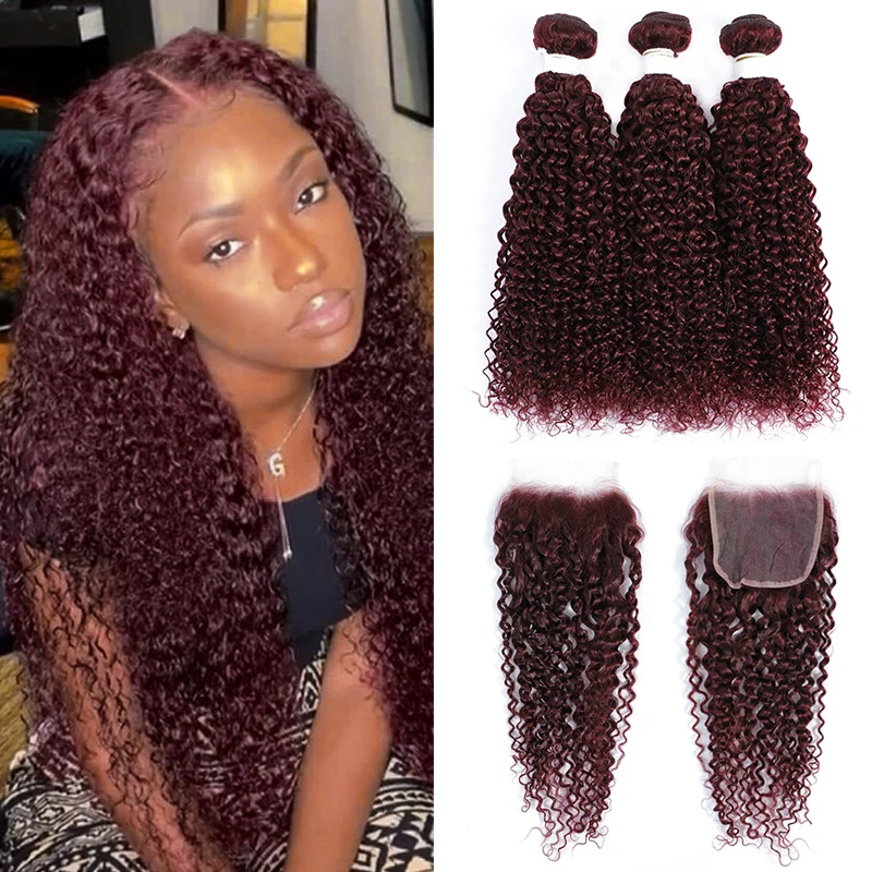Kinky Curly Human Hair Bundles With Closure 4x4 99J/Burgundy Brazilian Hair Weave Bundles With Closure Non-Remy KEMY HAIR