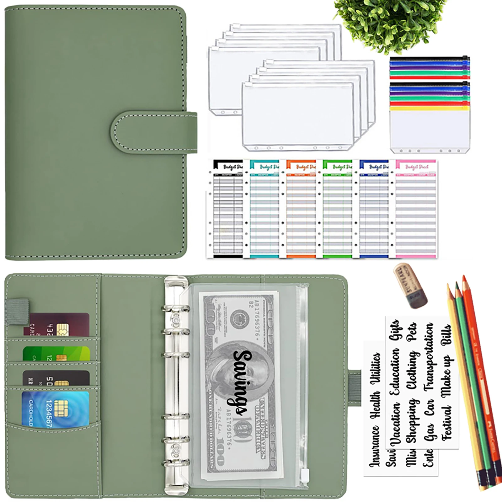 

2023 Budget Binder A6 PU Leather Notebook Cash Envelopes System Set Clip-On Binder Pockets For Money Saving Bill Organizer Gifts